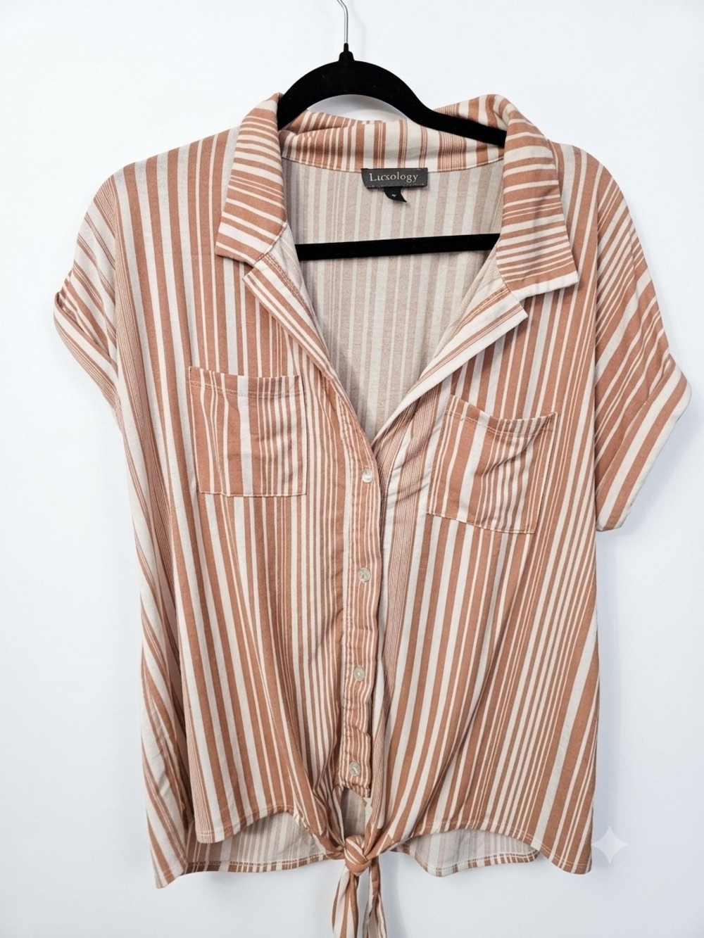 Luxology Women's Tan & White Striped Tie-Front Shirt